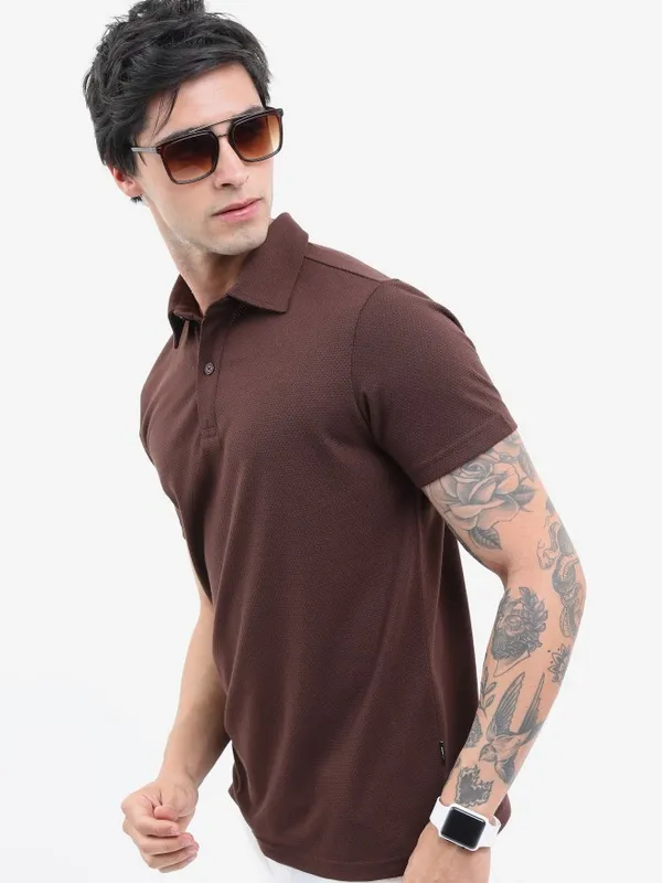  Highlander Men Brown Solid Polo Collar Polo T-Shirts