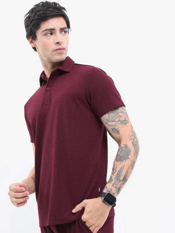  Highlander Men Burgundy Solid Polo Collar Polo T-Shirts