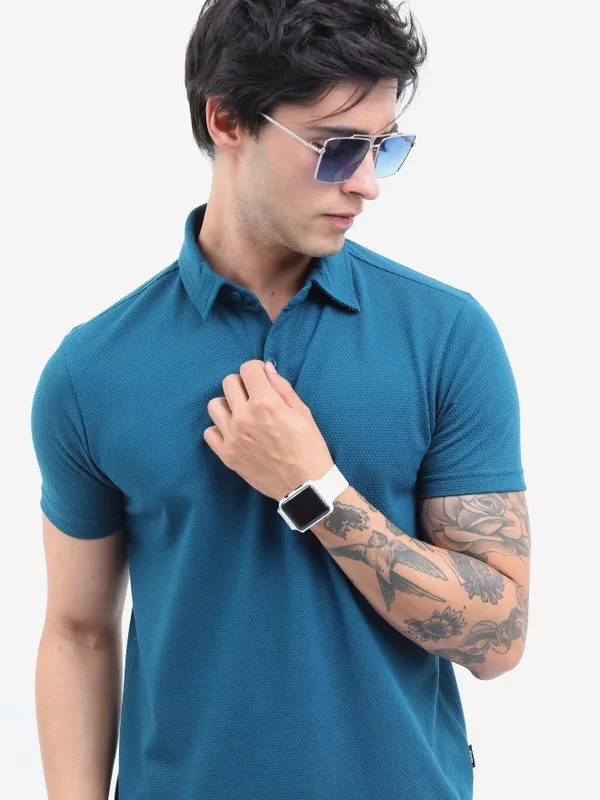  Highlander Men Teal Solid Polo Collar Polo T-Shirts