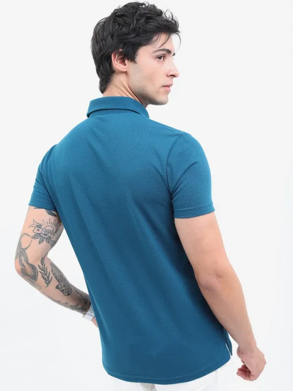  Highlander Men Teal Solid Polo Collar Polo T-Shirts