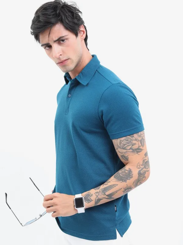  Highlander Men Teal Solid Polo Collar Polo T-Shirts