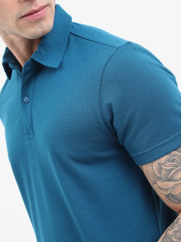  Highlander Men Teal Solid Polo Collar Polo T-Shirts