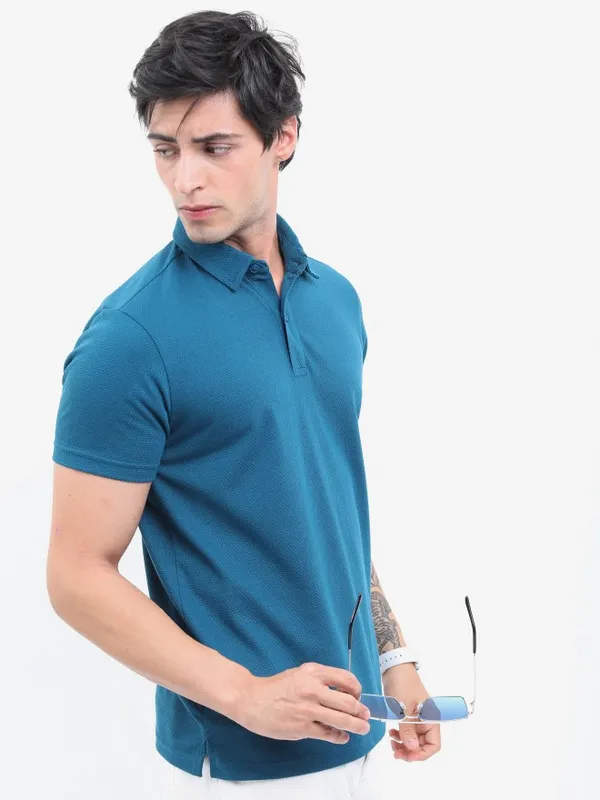  Highlander Men Teal Solid Polo Collar Polo T-Shirts