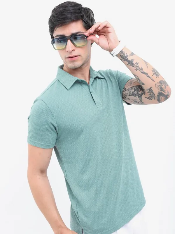  Highlander Men Sage Solid Polo Collar Polo T-Shirts