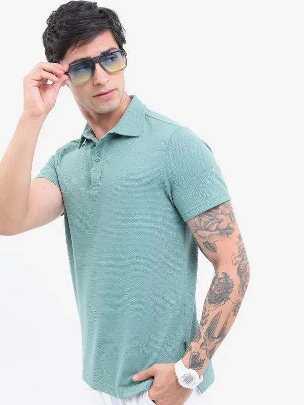  Highlander Men Sage Solid Polo Collar Polo T-Shirts