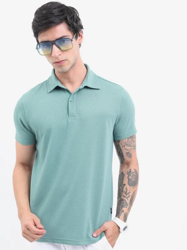  Highlander Men Sage Solid Polo Collar Polo T-Shirts