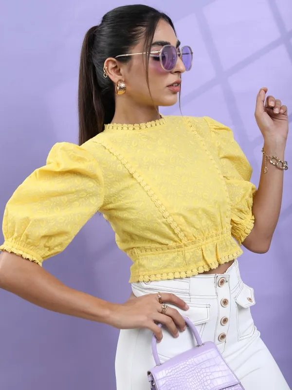 Tokyo Talkies Women Yellow Self Design Crop Top
