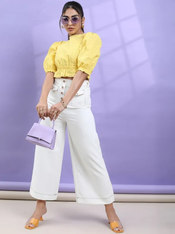  Tokyo Talkies Women Yellow Self Design Regular Tops