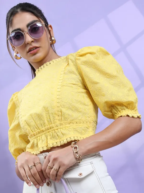  Tokyo Talkies Women Yellow Self Design Regular Tops