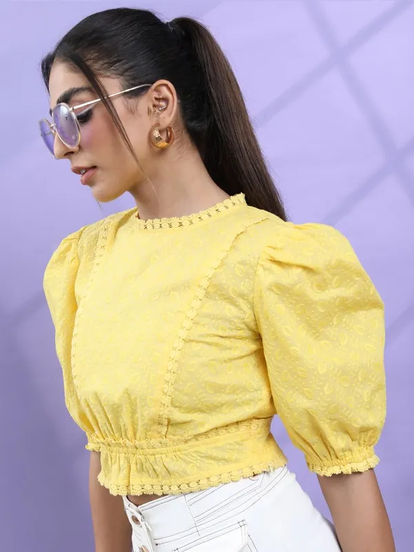  Tokyo Talkies Women Yellow Self Design Regular Tops