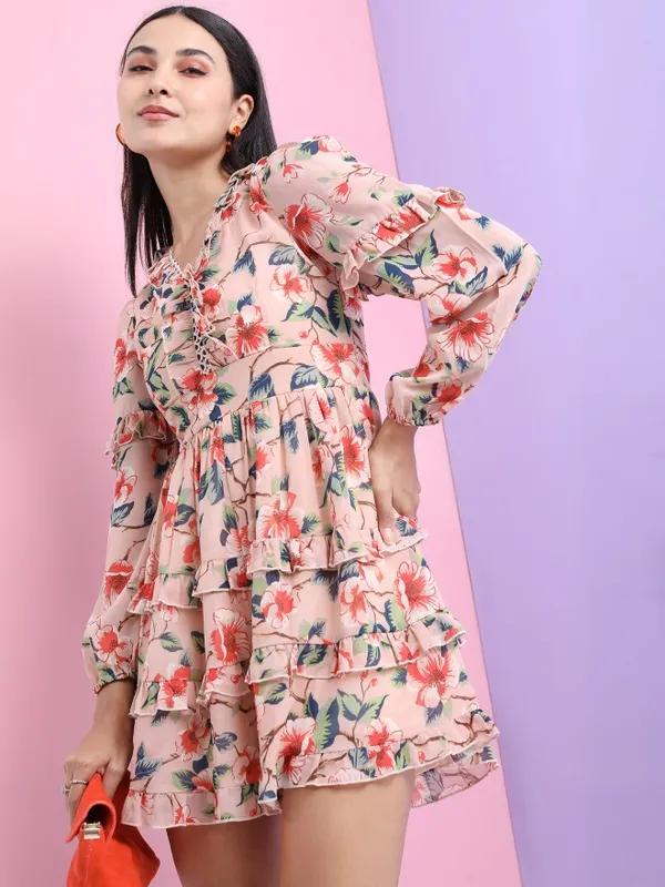 Tokyo Talkies Women Peach Printed Fit And Flare Dress