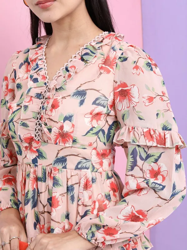 Tokyo Talkies Women Peach Printed Fit And Flare Dress