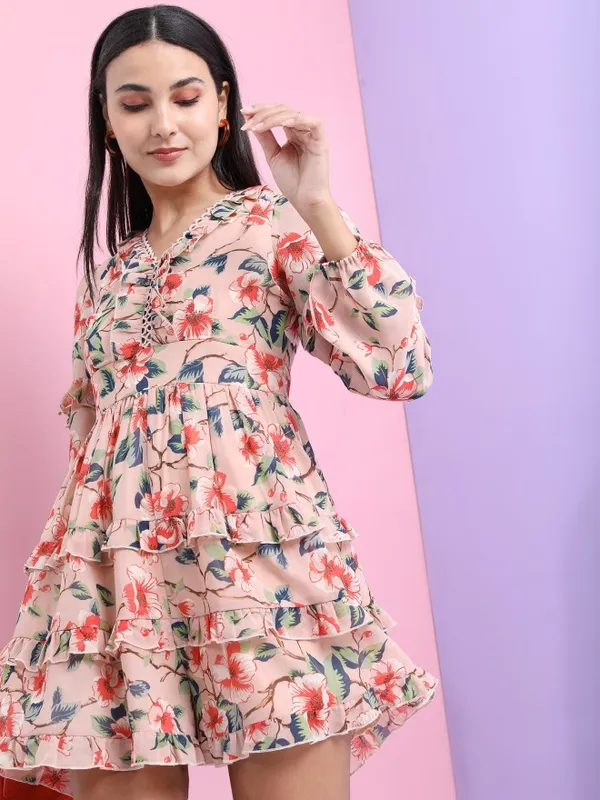 Tokyo Talkies Women Peach Printed Fit And Flare Dress