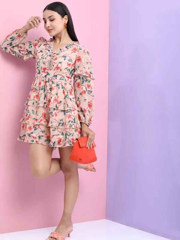 Tokyo Talkies Women Peach Printed Fit And Flare Dress