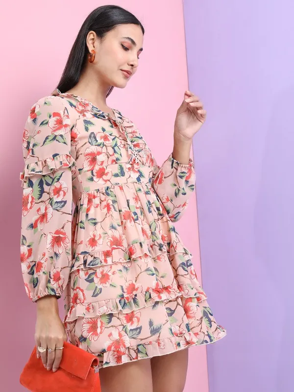 Tokyo Talkies Women Peach Printed Fit And Flare Dress