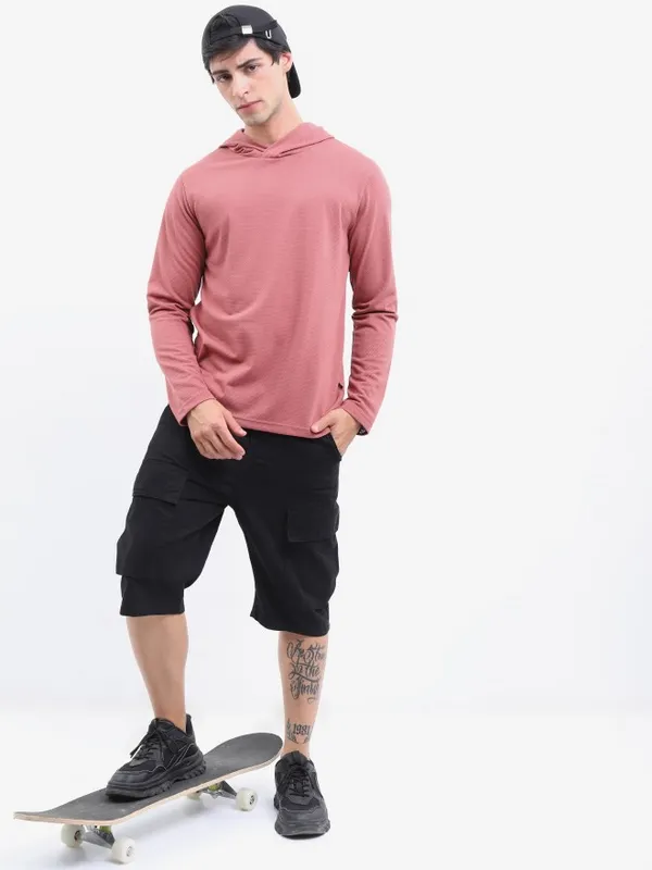  Highlander Men Pink Solid Hood T-Shirts