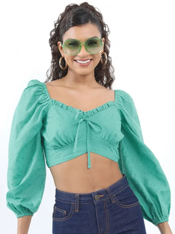  Tokyo Talkies Women Green Self Design Regular Tops