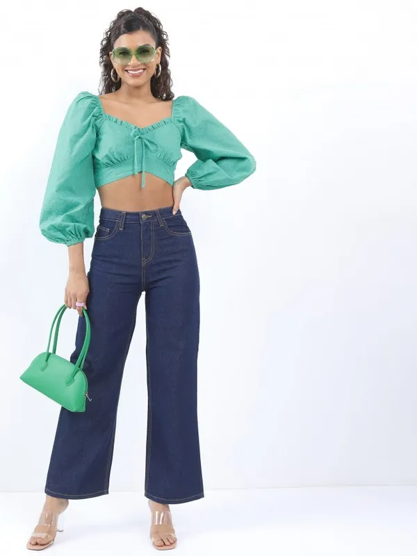  Tokyo Talkies Women Green Self Design Regular Tops