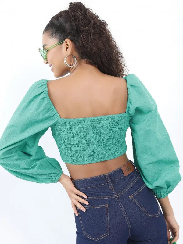  Tokyo Talkies Women Green Self Design Regular Tops