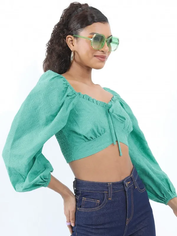  Tokyo Talkies Women Green Self Design Regular Tops