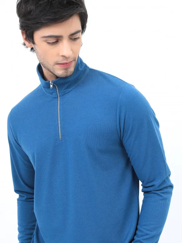 Highlander Men Blue Solid High Neck T-Shirts