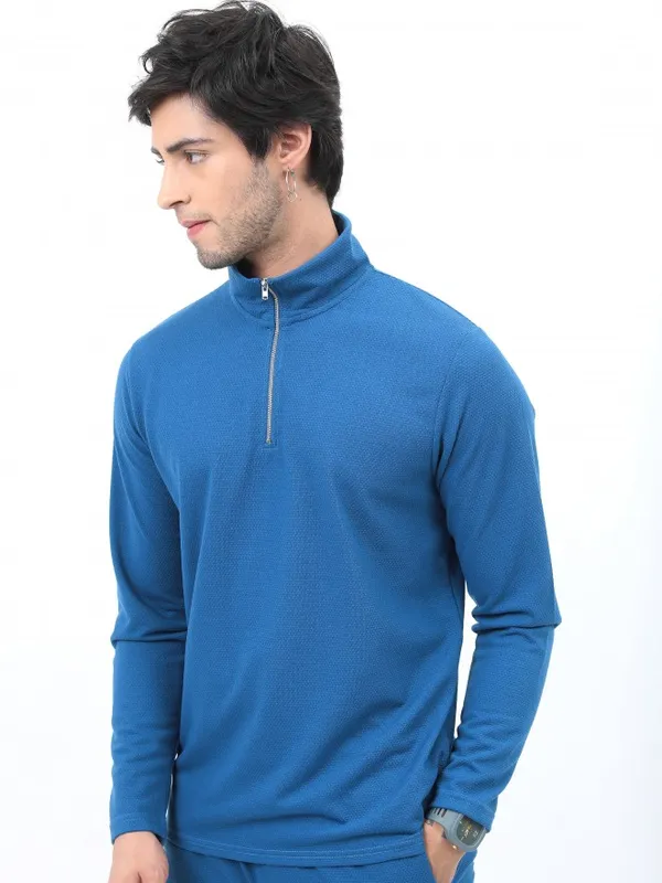  Highlander Men Blue Solid High Neck T-Shirts
