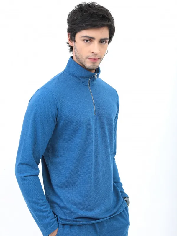  Highlander Men Blue Solid High Neck T-Shirts