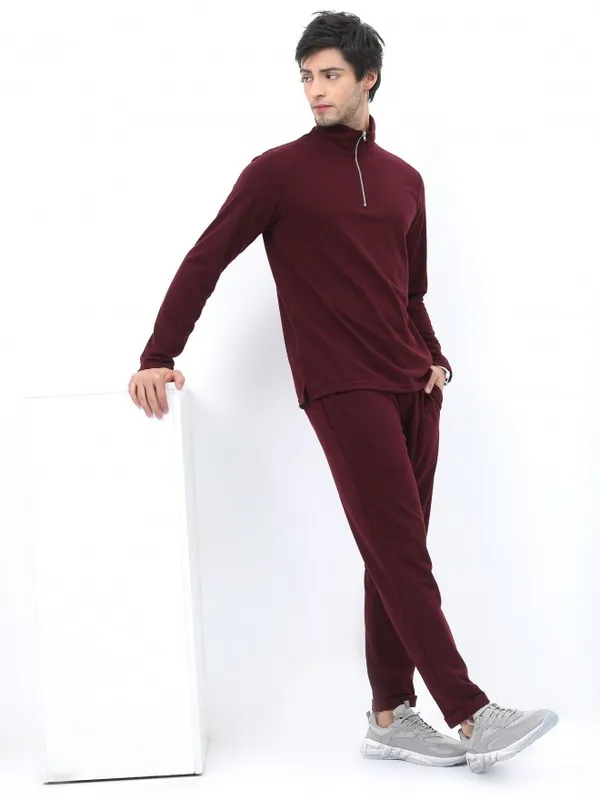  Highlander Men Burgundy Solid High Neck T-Shirts
