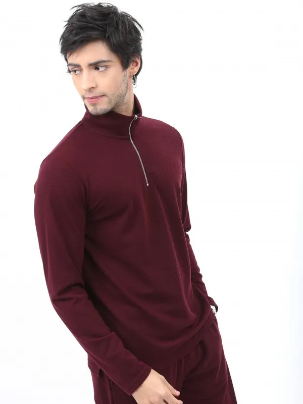  Highlander Men Burgundy Solid High Neck T-Shirts