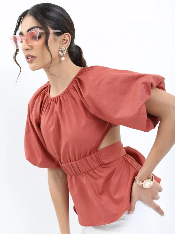 Tokyo Talkies Women Terracotta Solid Peplum Top