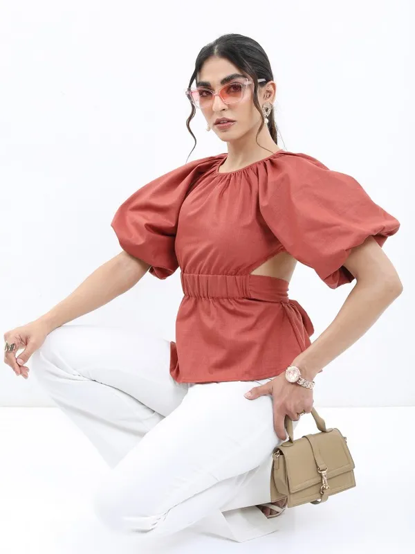 Tokyo Talkies Women Terracotta Solid Peplum Top