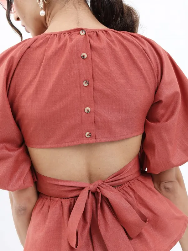 Tokyo Talkies Women Terracotta Solid Peplum Top