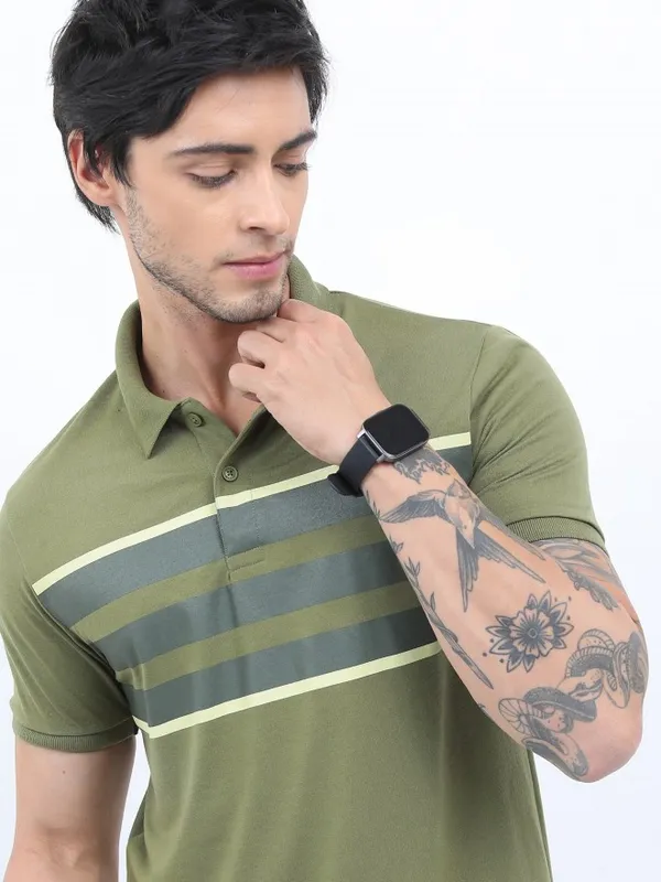  Ketch Men Olive Colourblocked Polo Collar Polo T-Shirts