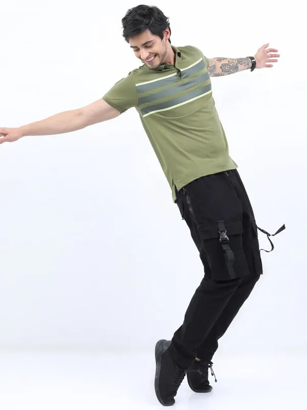  Ketch Men Olive Colourblocked Polo Collar Polo T-Shirts