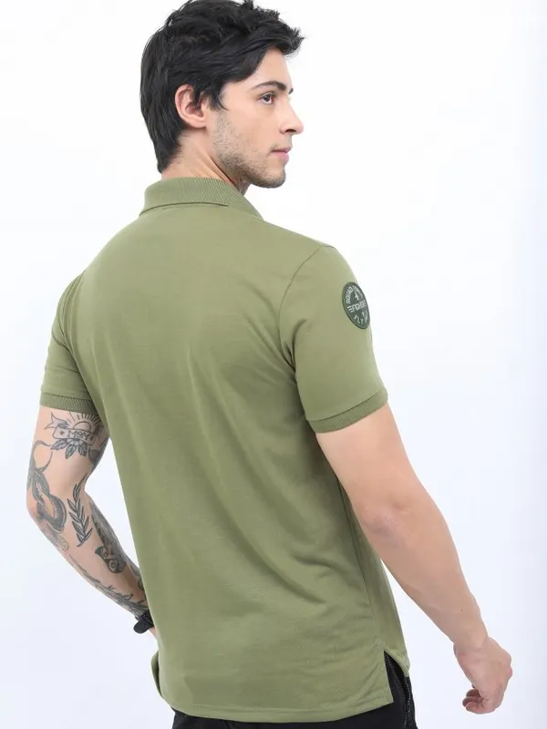  Ketch Men Olive Colourblocked Polo Collar Polo T-Shirts