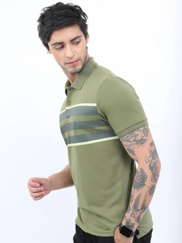  Ketch Men Olive Colourblocked Polo Collar Polo T-Shirts