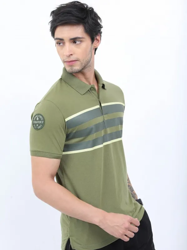  Ketch Men Olive Colourblocked Polo Collar Polo T-Shirts