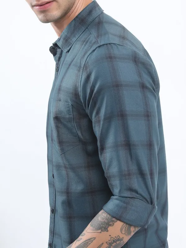 Ketch Men Grey Checked Slim Fit Casual Shirts