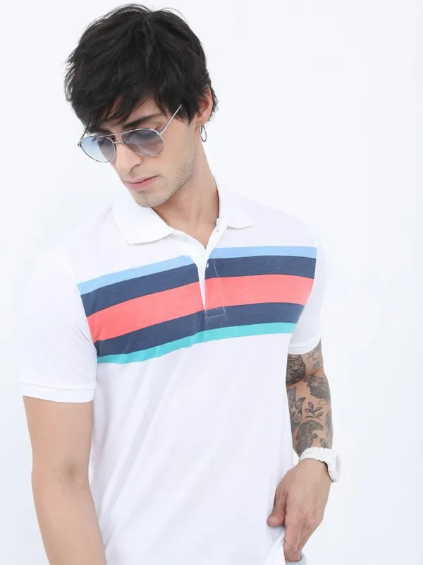 Highlander Men White Colourblocked Polo Collar Polo T-Shirts