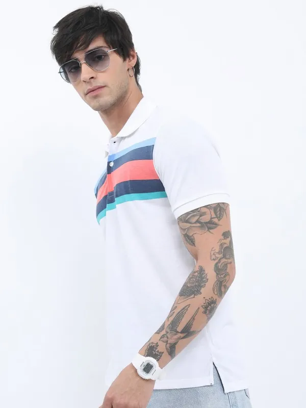 Highlander Men White Colourblocked Polo Collar Polo T-Shirts