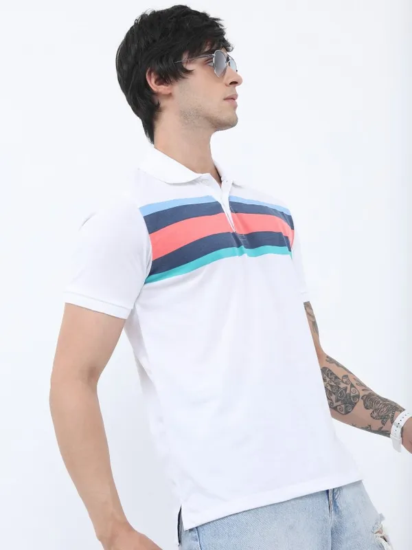  Highlander Men White Colourblocked Polo Collar Polo T-Shirts