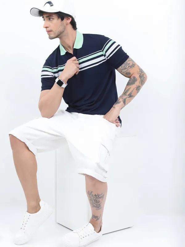  Ketch Men Navy Blue Colourblocked Polo Collar Polo T-Shirts