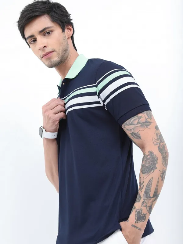  Ketch Men Navy Blue Colourblocked Polo Collar Polo T-Shirts