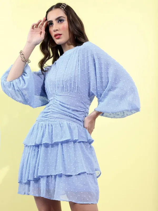 Tokyo Talkies Women Blue Self Design Fit And Flare Dress