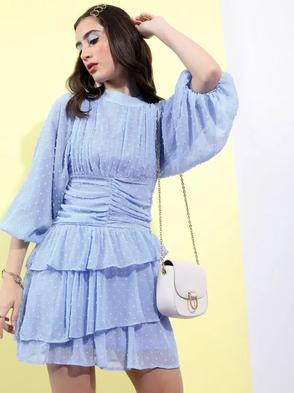 Tokyo Talkies Women Blue Self Design Fit And Flare Dress