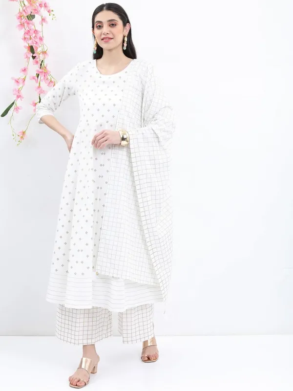 Vishudh Women Off White Printed Kurta With Palazzo And Dupatta