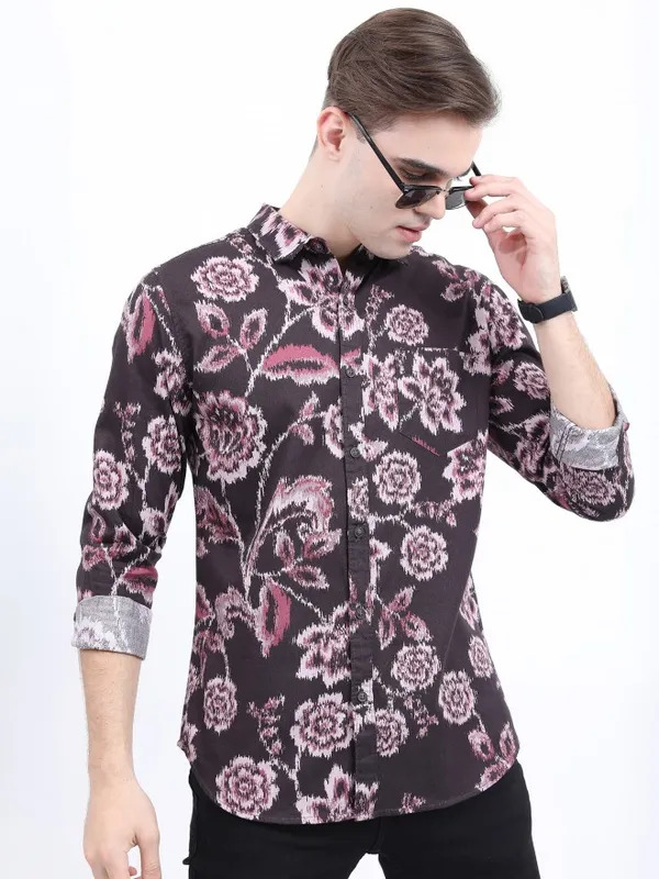  Ketch Men Burgundy Printed Slim Fit Casual Shirts