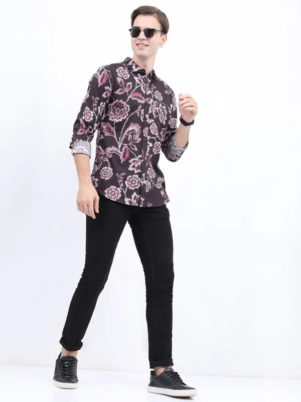  Ketch Men Burgundy Printed Slim Fit Casual Shirts