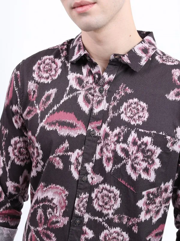  Ketch Men Burgundy Printed Slim Fit Casual Shirts