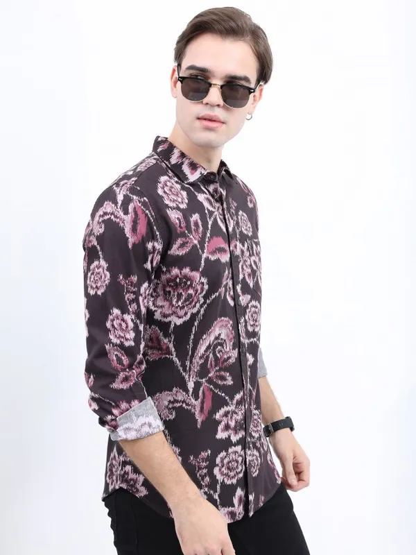 Ketch Men Burgundy Printed Slim Fit Casual Shirts
